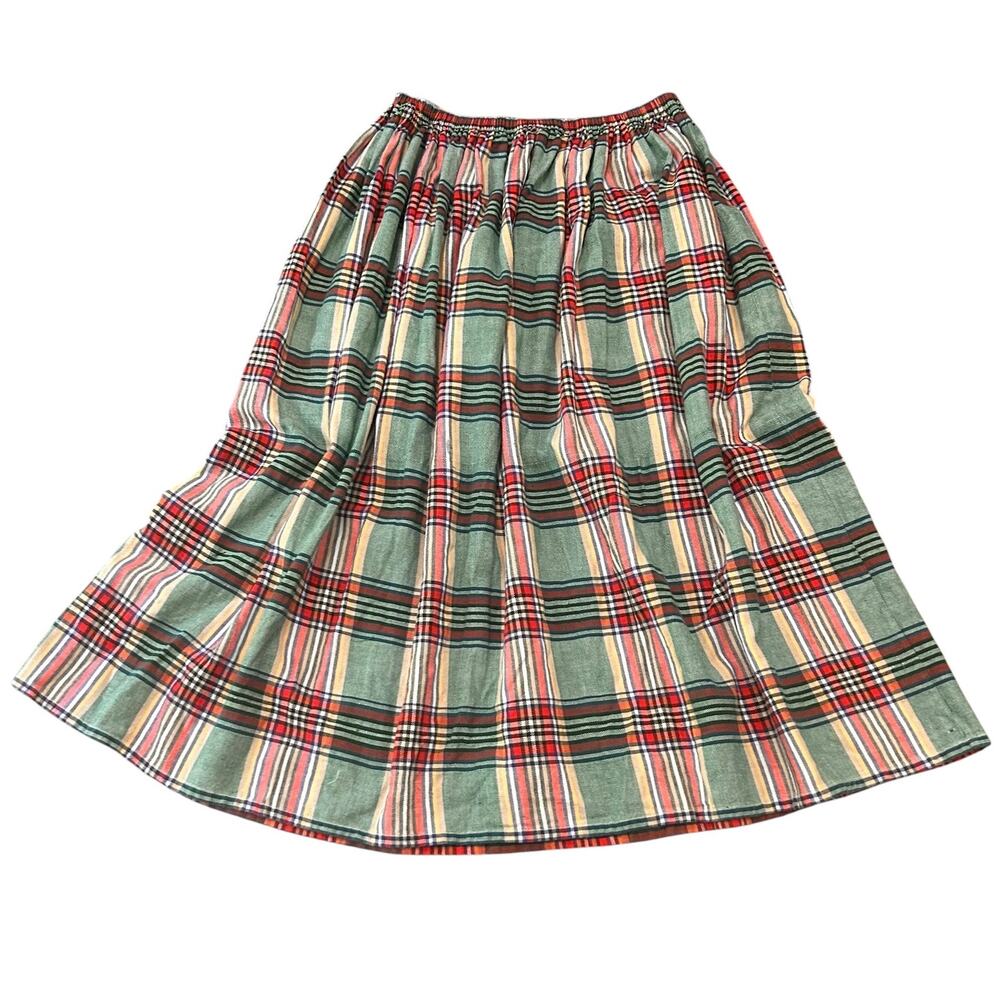 Vintage 90s Red Green Plaid Cotton Midi Skirt Elastic Waist Made USA Large -